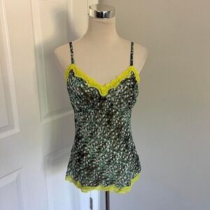 Y2K NAVY EXPRESS DESIGN STUDIO FLORAL PRINT YELLOW LACE TRIM SHEER SLIP TANK TOP